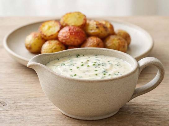 Sauce au chèvre frais, ciboulette et Pineau dans une saucière en grès avec pommes de terre grenaille rôties