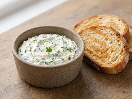 Trempette de chèvre frais aux herbes dans un ramequin en grès avec des tranches de pain grillé
