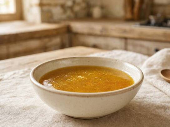 Vinaigrette au miel et à l'huile de noix dans un petit bol en céramique posé sur une nappe en lin.