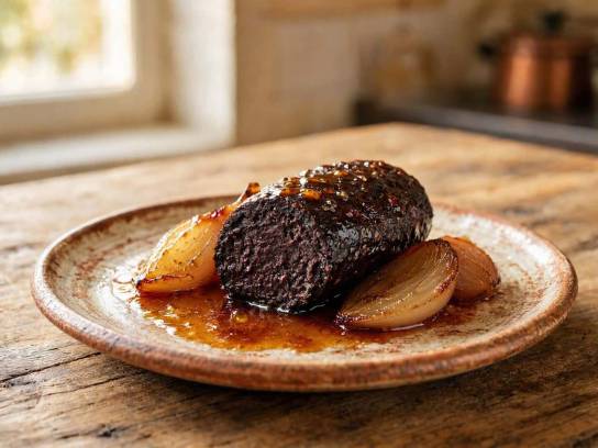 Plat de boudin noir à la charentaise nappé d'une sauce au Pineau des Charentes avec des échalotes, servi dans une assiette rustique.