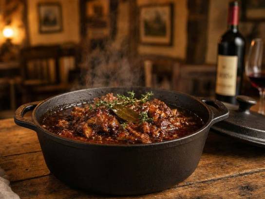 Civet de lièvre à l'angoumoise traditionnel au Cognac et vin rouge dans sa cocotte en fonte. Spécialité culinaire de Charente.