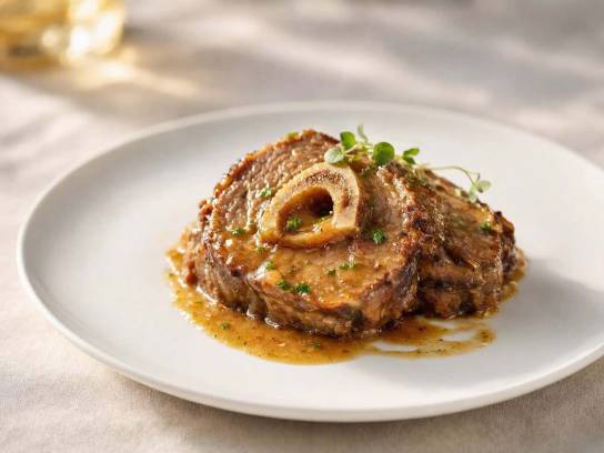 Tranche de jarret de veau avec os à moelle nappée de sauce dorée au Pineau des Charentes