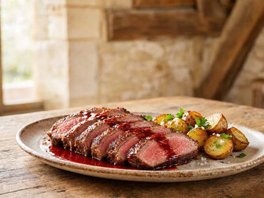 Magret de canard au Pineau Rouge des Charentes avec pommes de terre grenailles dans un plat rustique.
