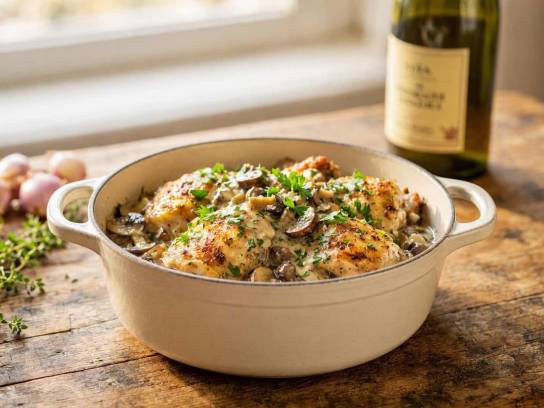 Poulet au Pineau des Charentes nappé de sauce aux champignons dans une cocotte.