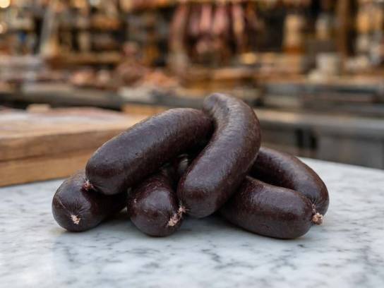 Plusieurs authentiques boudins noirs charentais posés sur un comptoir en marbre blanc de charcuterie.