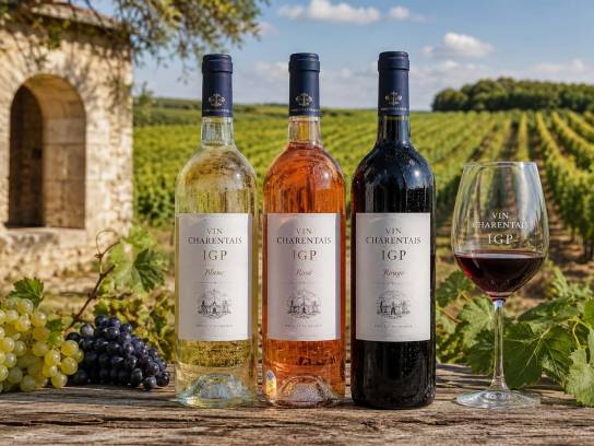 Trois bouteilles de vin Charentais IGP rouge, rosé et blanc à côté d'un verre rempli devant un vignoble de Charente.