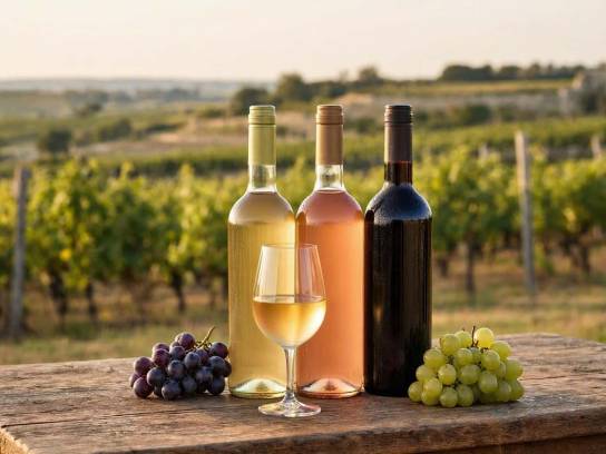 Trois bouteilles de vin local, verre de dégustation et raisins sur table en bois avec vignoble charentais.