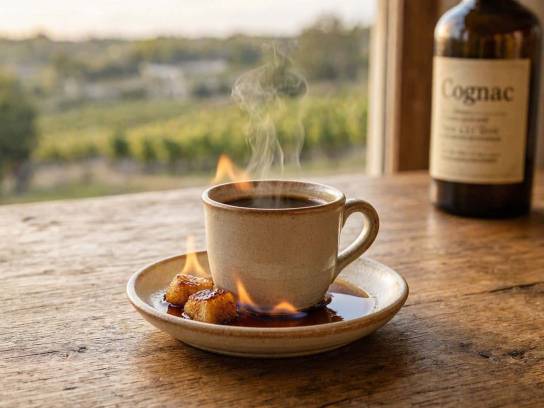 Brûlot charentais au Cognac flambé dans une tasse en grès, avec sucre caramélisé et vignoble flou en arrière-plan.