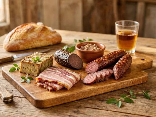 Assortiment de charcuteries artisanales charentaises avec du grillon, du jambon de pays, du boudin noir et du fagot charentais sur une planche en bois.