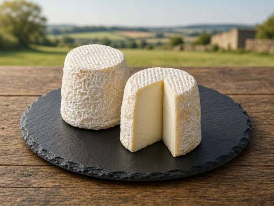 Fromage de chèvre Chabichou du Poitou AOP, un entier et un entamé, posés sur un plateau en ardoise.