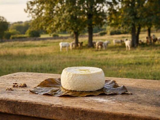 Fromage de chèvre Mothais sur feuille AOP crémeux posé sur sa feuille de châtaignier sur une table en bois.