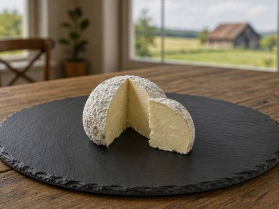 Fromage de chèvre La Taupinière Charentaise sur un plateau en ardoise ronde.