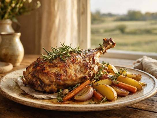 Gigot d'agneau du Poitou-Charentes rôti sur assiette rustique, avec légumes de saison.