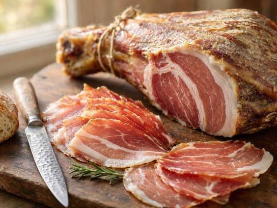 Un jambon de pays Charentais et de fines tranches découpées sur une planche en bois.