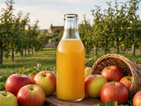 Bouteille en verre de jus de pomme artisanal doré dans un verger charentais, entourée de pommes fraîches dans un panier en osier.