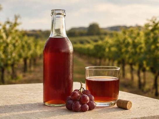Bouteille de jus de raisin artisanal et verre de jus rouge ambré aux reflets dorés, posés sur une table en pierre de Charente blanche.