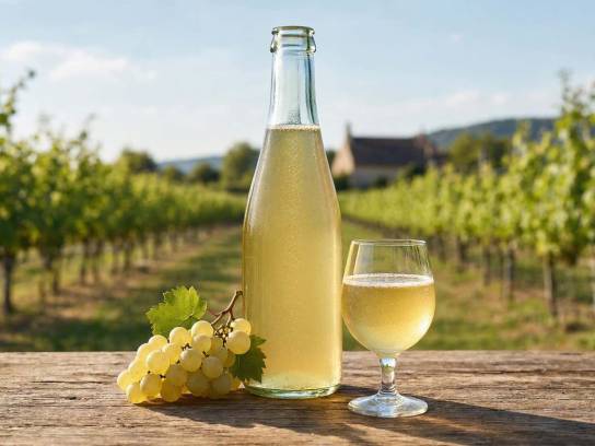 Bouteille élégante et verre de jus de raisin pétillant aux fines bulles dorées, sur une table en bois au cœur d'un vignoble de Charente.