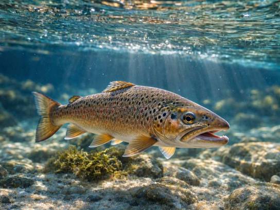 Gros plan sur une truite fario sauvage nageant dans une rivière d'eau vive et limpide, avec des rayons de soleil perçant la surface de l'eau.