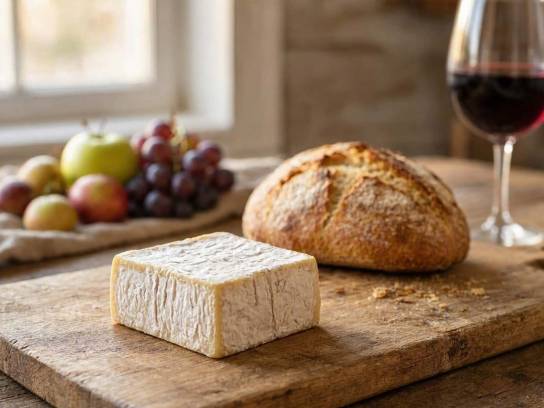 Fromage Carré du Poitou sur plateau en bois et table de ferme rustique avec pain de campagne