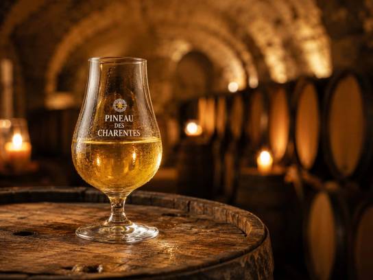 Un verre de pineau des Charentes sur un tonneau