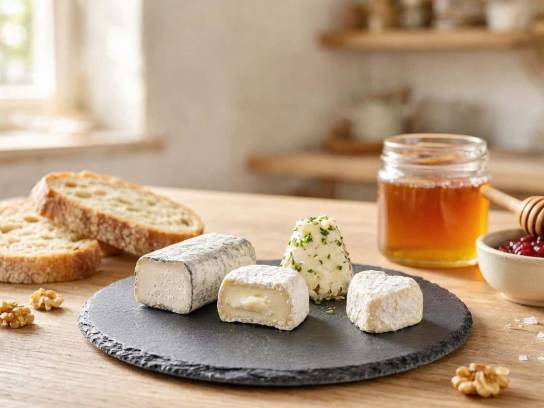 Sélection de quatre fromages de chèvre frais sur un plateau en ardoise avec pain de campagne, miel et noix.