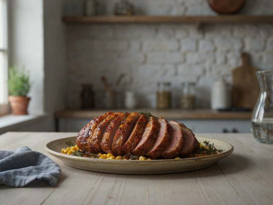 Rôti de porc tranché et juteux dans un plat rustique sur une table en bois.