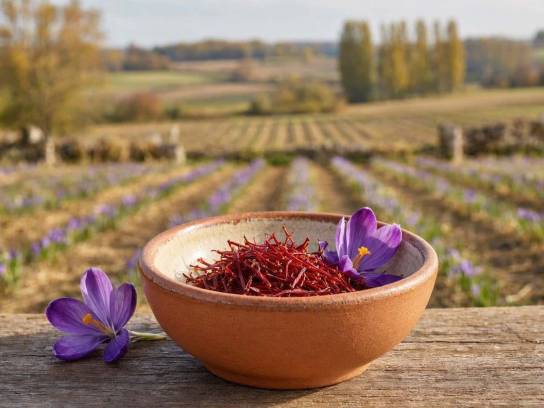 Stigmates rouges de safran et fleurs de crocus sativus dans une coupelle en céramique avec une safranière en arrière-plan.