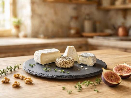 Quatre petits fromages de chèvre frais différents sur un plateau en ardoise avec des figues et des noix.