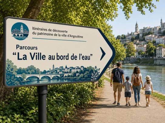 Panneau directionnel pour le parcours "La Ville au bord de l'eau" - Angoulême, Charente, Nouvelle-Aquitaine, France.