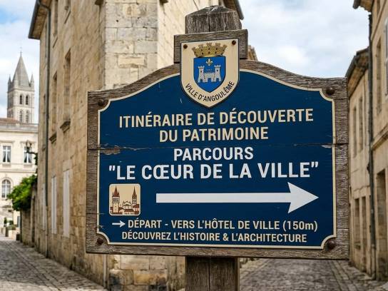 Panneau directionnel pour le parcours "Le coeur de la Ville" - Angoulême, Charente, Nouvelle-Aquitaine, France.