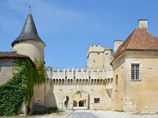 Château de l'Oisellerie : entrée principale et tour - Saint-Michel, Charente, Nouvelle-Aquitaine, France.