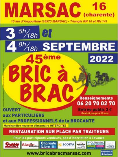 Affiche du bric-à-brac de Marsac, Charente, Nouvelle-Aquitaine, France.