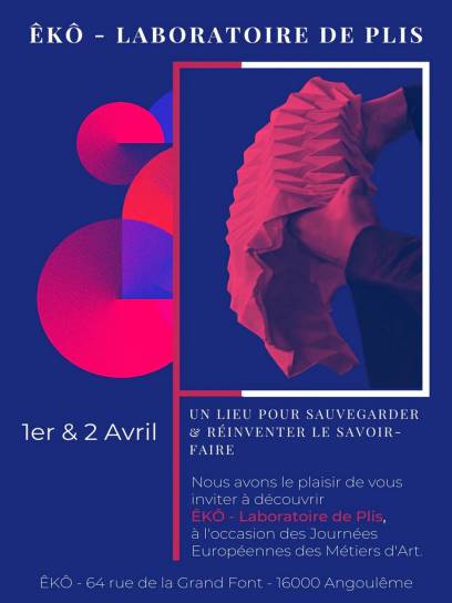 Affiche "Journées Européennes des Métiers d'Art : ÊKÔ - Laboratoire de Plis" - Angoulême, Charente, Nouvelle-Aquitaine, France.
