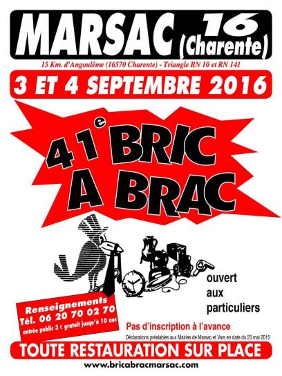 Affiche du bric-à-brac de Marsac, Charente, Nouvelle-Aquitaine, France.