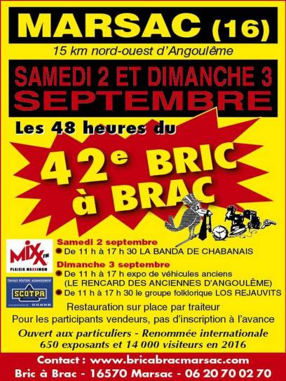 Affiche du bric-à-brac de Marsac, Charente, Nouvelle-Aquitaine, France.