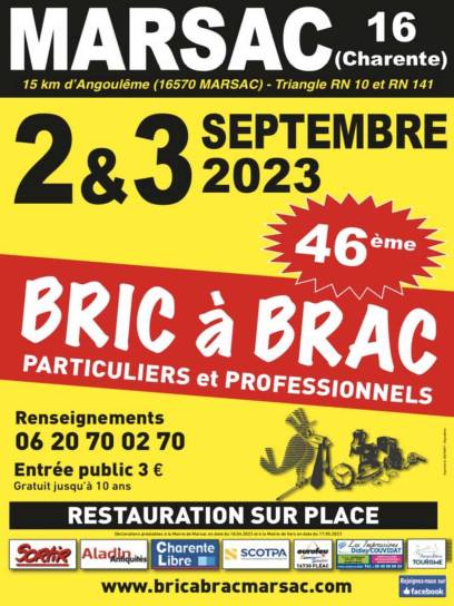 Affiche du bric-à-brac de Marsac, Charente, Nouvelle-Aquitaine, France.