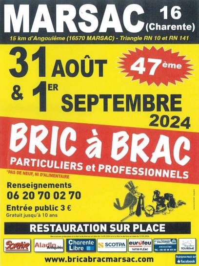Affiche du bric-à-brac de Marsac, Charente, Nouvelle-Aquitaine, France.