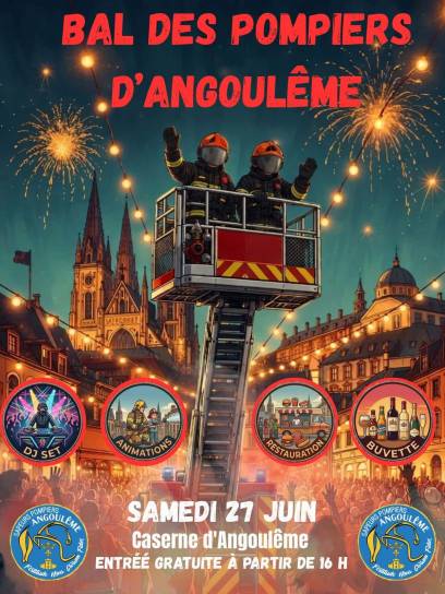 Affiche du bal des pompiers d'Angoulême, Charente, Nouvelle-Aquitaine, France.