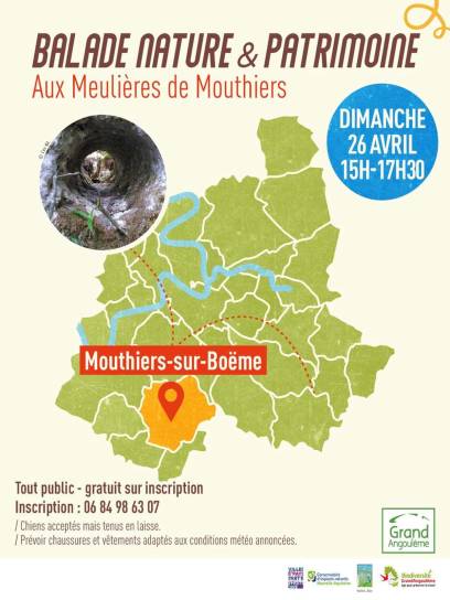 Affiche Balade Nature & Patrimoine - Les meulières de Mouthiers - Mouthiers-sur-Boëme, Charente, Nouvelle-Aquitaine, France.