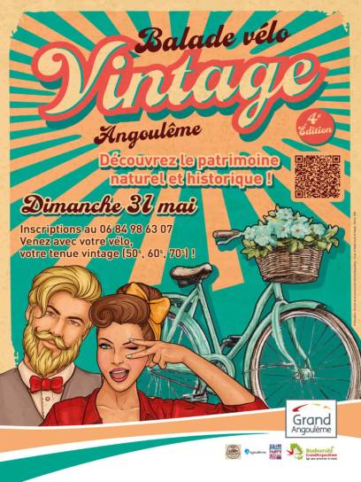 Affiche Balade Vélo Vintage - Angoulême, Charente, Nouvelle-Aquitaine, France.