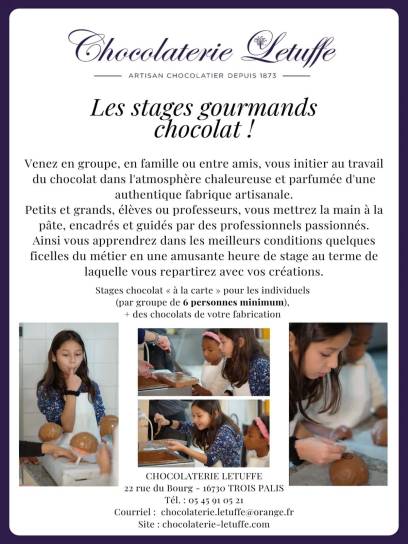 Affiche Stages gourmands de la Chocolaterie Letuffe - Trois-Palis, Charente, Nouvelle-Aquitaine, France.