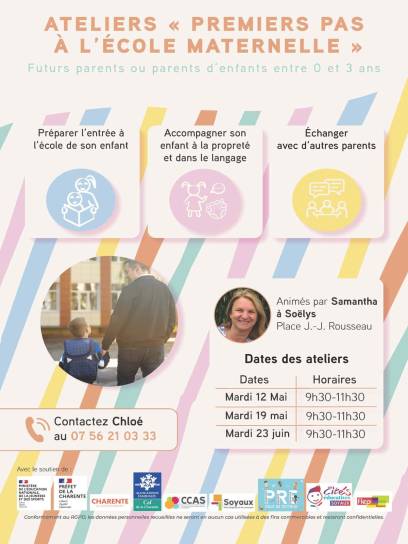 Affiche Ateliers "premiers pas à l'école maternelle" - Soyaux, Charente, Nouvelle-Aquitaine, France.