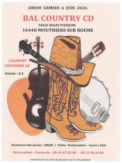 Affiche Bal Country à Mouthiers-sur-Boëme, Charente, Nouvelle-Aquitaine, France.