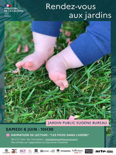Affiche Rendez-vous aux jardins - Bébés lecteurs "Les pieds dans l'herbe" - La Couronne, Charente, Nouvelle-Aquitaine, France.