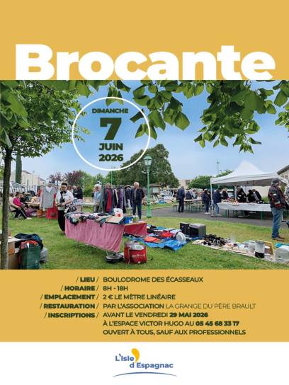Affiche Brocante à L'Isle-d'Espagnac, Charente, Nouvelle-Aquitaine, France.