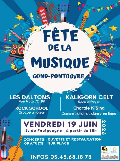 Affiche de la fête de la musique à Gond-Pontouvre, Charente, Nouvelle-Aquitaine, France.