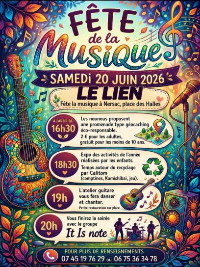 Affiche de la fête de la musique à Nersac, Charente, Nouvelle-Aquitaine, France.