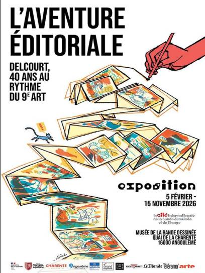 Affiche de l'exposition L'aventure éditoriale Delcourt - 40 ans au rythme du 9ème art - Angoulême, Charente, Nouvelle-Aquitaine, France.