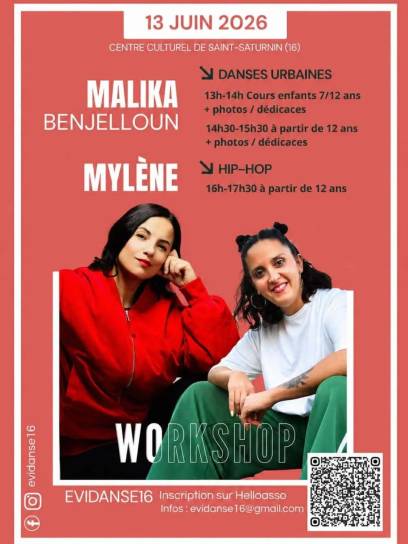 Affiche Stage de danse avec Malika Benjelloun et Mylène - Saint-Saturnin, Charente, Nouvelle-Aquitaine, France.
