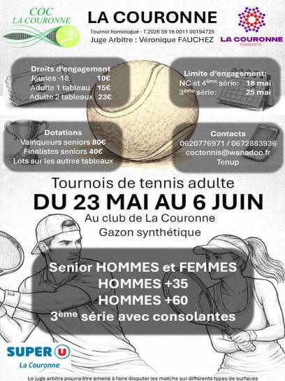 Affiche Tournoi Adultes du COC Tennis La Couronne, Charente, Nouvelle-Aquitaine, France.